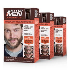 Just for Men Control GX Grey Reducing Beard Wash Shampoo with Keratin, Gradually Colors Mustache and Beard, Leaves Facial Hair Thicker Softer and Fuller, 4 Fl Oz - Pack of 3 (Packaging May Vary)