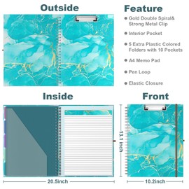 Hnogri Clipboard Folio with Refillable Lined Notepad, Clipboards with 5 A4 Folders Storage 10 Pockets, Spiral Clip Board Portfolio, Size 12.8" x 9.7", Office Supplies, School Supplies, Teal Marble