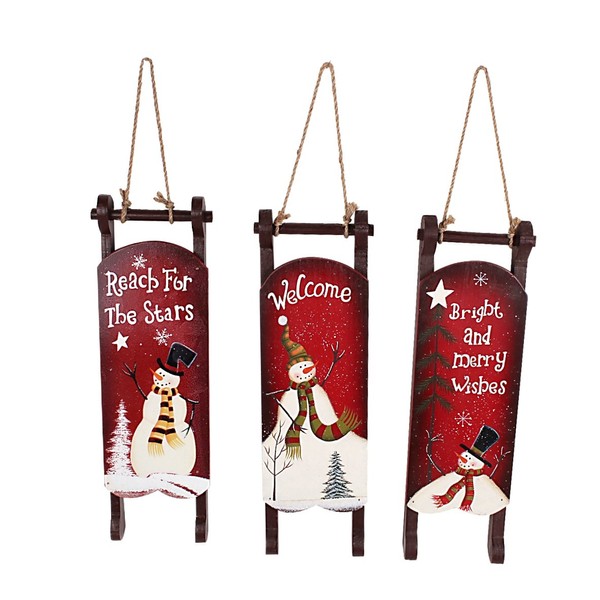 Waroom Home Wood Holiday Wonder Hanging Sled with Snowman Christmas