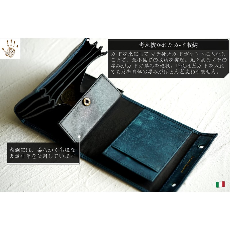IrideScent PUEBLO Men's Bi-fold Wallet, Box-shaped Coin Purse, Italian Leather,