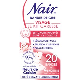 NAIR Caresse Set - Cold Wax Strips for Face, Easy to Separate and Suitable for Sensitive Skin, 97% Natural Formula with Cherry Blossom Extract, 20 Wax Strips