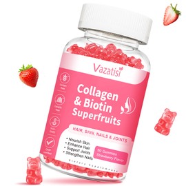 Sugar Free Collagen Gummies for Women Men, Multi Collagen Peptides Gummies Type I II III V X with Biotin Vitamin A B C D E for Hair Skin Nails, Strawberry Flavor, 60 Count