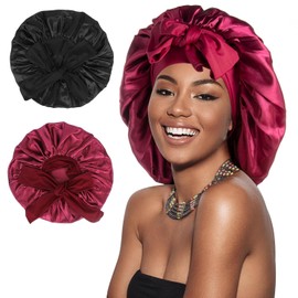 2 PCS Gorros de Satén,Gorros De Dormir de Seda,Gorros De Dormir para Mujer,Gorros de Dormir Grandes,Gorros Anchos y Suaves con Correa para Cabello Liso y Rizado (Negro+Rojo)