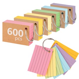 600 PCS Flash Cards Revision Cards, A8 (2.9×2 inch) Flshcards with Kraft Cover & Binder Ring, Six-Color Ruled Index Card Notecards Paper for Office School Home Learning Record