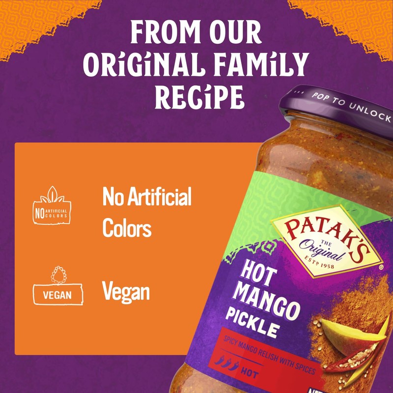 Patak’s Hot Mango Pickle - Authentic Indian Relish w/Mango Chunks,