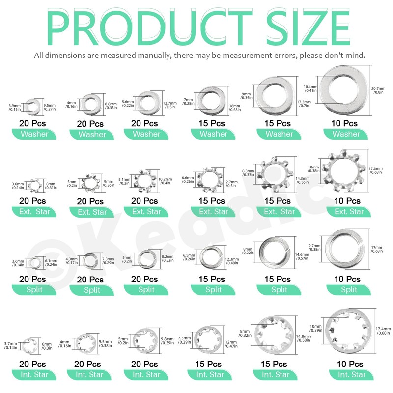 Keadic 400Pcs Split Lock Washer & External & Internal Star