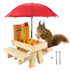 MIXXIDEA Squirrel Feeder Table with Umbrella, Wooden Squirrel Picnic Table Feeder, Sturdy Squirrels Feeder Corn Cob Holder, with Solid Structure and 2 x Thick Benches(1pk)