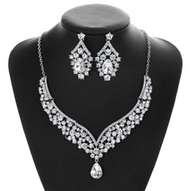 Hapibuy Crystal Bridal Wedding Necklace and Earrings Jewelry Set For Women and Brides
