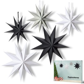 Pack of 5 Paper Stars Christmas 30 cm x 3 + 45 cm x 2 Scandinavian Paper Stars Folding Stars Christmas for Decoration, Room, Living Room, Wedding, Black & White & Grey