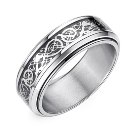 Adreamz 8mm Silver Stainless Steel Anxiety Ring for Women Men Fidget Spinner Ring Beveled Edge Silver Celtic Dragon Inlay Comfort Fit Wedding Band Size 11