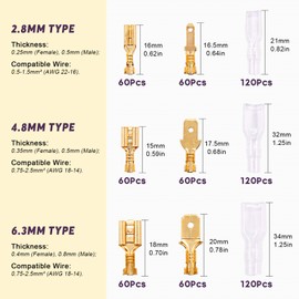 Swpeet 720pcs Gold 2.8/4.8/6.3 mm Male and Female Spade Quick Connector Wire Crimp Terminal Block with Insulation Sleeve Assortment Kit Perfect for Electrical Wiring