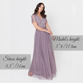 Maya Deluxe Women's Maxi Dress Ladies Bridesmaid V-Neck Ball Gown Short Sleeves Long Elegant Empire Waist Wedding, Moody Lilac, 24