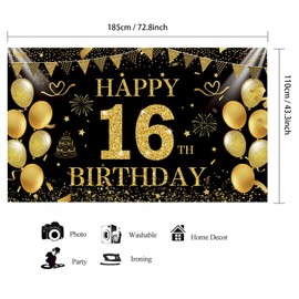 SMENGGIL Black Gold Happy 16th Birthday Backdrop Banner 16th Photography Background Birthday Party Decorations Supplies for Boys Girls 16th Birthday Decor Sixteen Years Anniversary Decor 72.8*43.3in