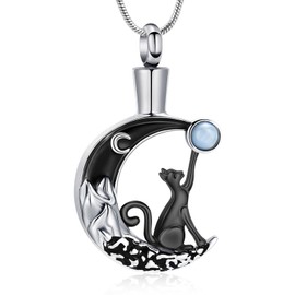 XSMZB Moon Cat Cremation Jewelry for Ashes Memorial Urn Necklace for Ashes for Women Men Funeral Keepsake Pendant Souvenir(Black)