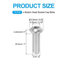 PATIKIL 5/16-18x1" Button Head Socket Cap Screws, 10 Pcs 304 Stainless Steel 18-8 Socket Cap Screw Bolts Allen Hex Drive Full Thread Fine Thread UNC