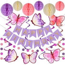 Butterflies Birthday Decorations,Purple Happy Birthday Banner with Honeycomb Ball,Butterflies Hanging Swirl Streamer, Circle Dot Garland Decoration, Birthday Party Decoration for Women Girls Children