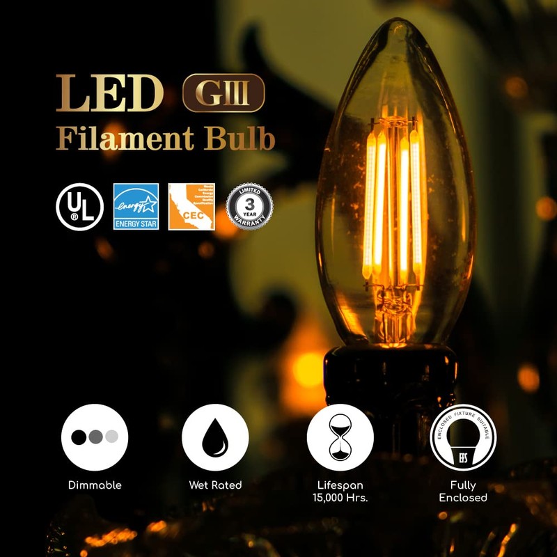 Euri Lighting VB10-3020cec-4, 4-Pack Dimmable LED B10 Filament, 5.5W (50W