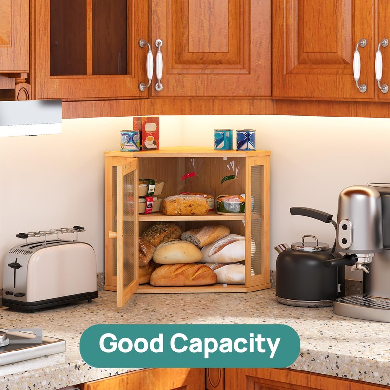 viewcare Corner Bread Box for Kitchen Counter, Bamboo Wood Large