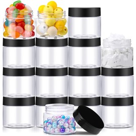 16 Pieces Round Clear Leak Proof Plastic Container Jar with Lid Plastic Jar Empty Storage Container Refillable Storage Favor Jar for Travel Cosmetic Lotion Creams (Black, 60 ml/ 2 oz)
