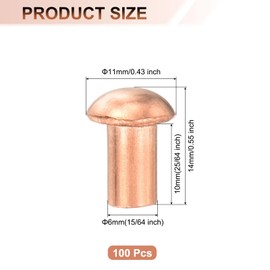 uxcell 100 Pcs 15/64" x 25/64" Round Head Copper Solid Rivets Fasteners