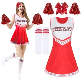 Kitimi Cheerleader Costume Women for Adults, Cheerleadering Outfit Fancy Dress Uniform with Pompoms Hair Scrunchie Socks, High School Cheerleader Costume for Fancy Dress Carnival Party Cosplay Fancy