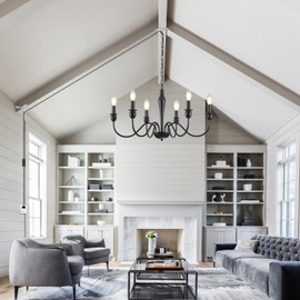 LXWNYY Plug in Chandelier with Long Cord 15.1ft, 6 Lights Farmhouse Light Fixtures Hanging Lights with Plug in Cord, Black Plug in Candle Chandier for Living Dining Room Bedroom Kitchen