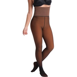 HONENNA High Waist Illusion Translucent Fleece Lined Tights, Winter Thermal Tights for Women, medias térmicas mujer, Caramel L-XL