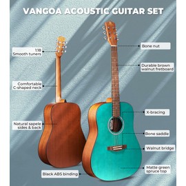 Vangoa Dreadnought Acoustic Guitar Kit, Full Size 6 String Guitarra Acustica, Starter Folk Country Guitar Bundle Kit With Gig Bag, Capo, for Beginners Adults Youth Kids, Right-Handed, Matte Green