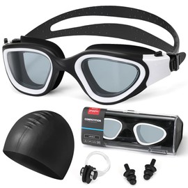 Nasjac Gafas de Natación Anti Niebla UV, 6 en 1 Anteojos de Natación Adultos, Kit Goggles Natacións Incluye Gorro, Auriculares y Clips para la Nariz, para mujeres y hombres (Negro)