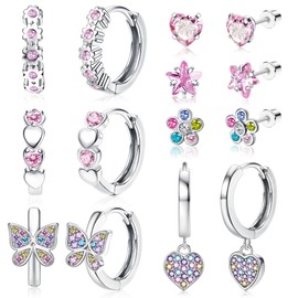 MILACOLATO 7 Pairs Hypoallergenic Silver Huggie Hoop Earrings for Girls Women Surgical Steel Screwback Earrings Cute Dangling Earrings Pink Colorful CZ Stud Earrings Set for Sensitive Ears Pink