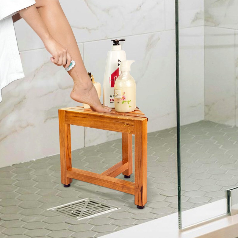 VaeFae Teak Shower Corner Bench, Wooden Foot Rest, Shower Bench