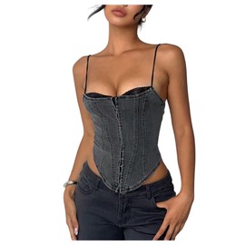 MakeMeChic Women's Y2K Denim Corset Spaghetti Strap Crop Top Contrast Lace Camisole Tops Dark Grey X-Small