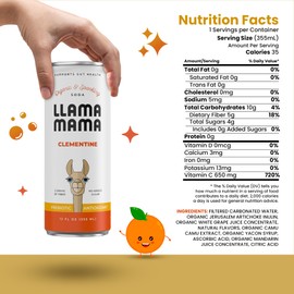 Llama Mama Clementine Organic Sparkling Prebiotic Soda • Gut & Immune Support • High Vitamin C, Antioxidants • NO Sugar • NO Artificial Sweeteners • NO Stevia • Vegan Plant Fiber • 12 Pack