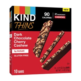 KIND THINS Dark Chocolate Cherry Cashew, 0.74 Ounce, 10 Count, Gluten Free Bars, 5g Sugar (60 Bars)