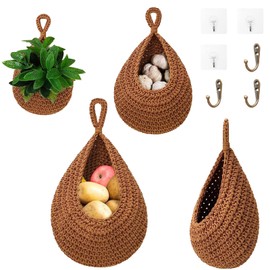 Teardrop Fruit Vegetable Baskets for kitchen, Boho Handwoven Wall Jute Hanging Basket Potato Garlic Onion Fruit Storage Handwoven Decorative Kitchen Organizer and Wall Planter Holder （Dark Brown）