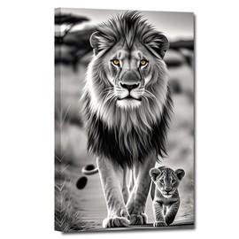 ZHIYYHAO Black and White Lion Canvas Wall Decor Lion with Cub Picture Wild Animal Painting Modern Artwork for Bedroom Living Room Nursery Home Decor （A-4，18.00L X12.00W''）