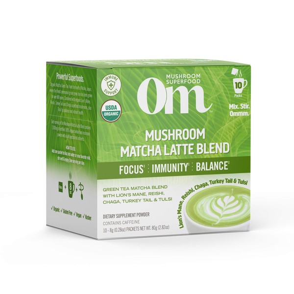 Om Mushroom Superfood Matcha Latte Blend Mushroom Powder, Single Serve, 10 Count, Green Tea, Lion's Mane, Reishi, Chaga, Turkey Tail, Focus & Stress Support Supplement