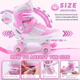 LEJIJIT Girls Roller Skates for Kids Child Beginners, Adjustable 4 Sizes Roller Skates for Kids and Youth with Light Up Wheels, Quad Pink & White Roller Skates for Sports (Large 4-7 US)