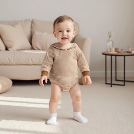Newborn Baby Boy Fall Outfit Romper Long Sleeve Hooded Stripe Onesie Jumpsuit Bodysuit Infant Winter Waffle Clothes (Brown, 0-3 Months)