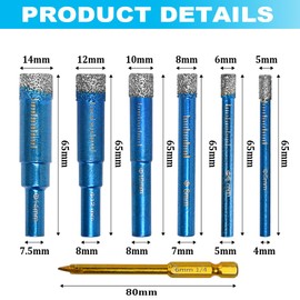 Huucozn 7 Pezzi Punte Trapano Diamantate Gres Porcellanato 5/6/8/10/12/14mm con 6mm Punte in Metallo Duro Set di Punte Diamantate a Secco per Granito Marmo Porcellana Piastrelle Ceramica