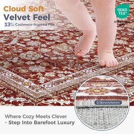 OPPODREAM Thin Vintage Red Round Rug 3ft, 3 ft Retro Washable Circle Rug Non Slip, Low-Pile Faux Wool Circular Carpet, Distressed Floor Mat for Living Room, Bedroom, Office, Dorm, Dinning Room