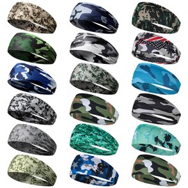 18 Pcs Sports Sweatbands for Men Women Camo Headband Sweat Wicking Headband for Fitness Yoga Running Cycling Football Basketball