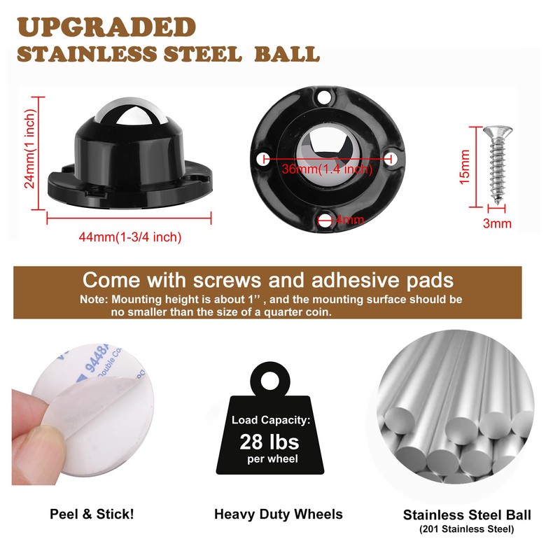 PlusRoc 8 Pack Anti-Rust Wheels Stainless Steel Self Adhesive Caster