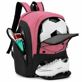 HMLIN OUTOOORS Soccer Backpack with Ball Holder,Youth soccer Bag for Basketball,Volleyball-Includes Separate Shoe Compartment&and Insulation (Light Pink)