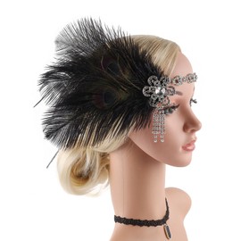 Bubbmi 1920s Flapper Headband Peacock Feather Headpiece, Great Gatsby Headband Costume Accessories for Women Showgirl Parties (1523black)