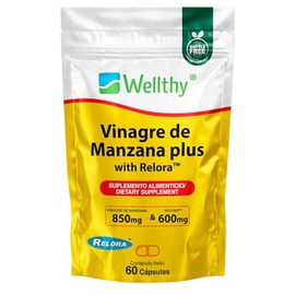 Wellthy Vinagre de Manzana 60 Cápsulas Reforzado con Relora. 850mg de Vinagre de Manzana, 600mg de Relora ingrediente Suizo, 60 Cápsulas por Envase,  