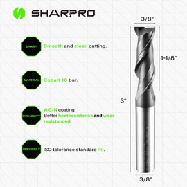SHARPRO 3/8 End Mills 3/8 Inch Shank, 2 Flute Carbide Square Endmill with AlCrN Coated, Upcut Spiral CNC Router Bits for Alloy Steel, Metal and Stainless Steel