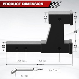 LONGSUN 2 Inch Hitch Extension - Dual Receiver for Trailer & Bike Rack, Adjustable Length 7.3-9.3 Inches, Includes Pin, Clip, 5000lbs
