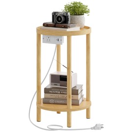 HOOBRO Small Round Side Table with Charging Station, 2-Tier Round Bamboo End Table, Compact Sofa Bedside Table for Small Space, Easy Assembly, for Living Room, Bedroom, Apartment, Natural YL156UBZ01