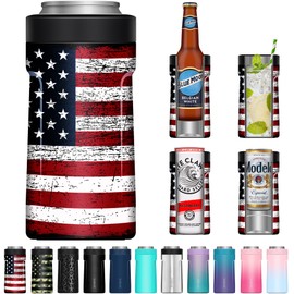 3 In 1 Insulated Universal Can Cooler - Signice Double Walled Vacuum Insulator Stainless Steel Slim Can Cooler for 12 Oz Skinny Tall Standard Regular Can Beer Bottle (Flag)